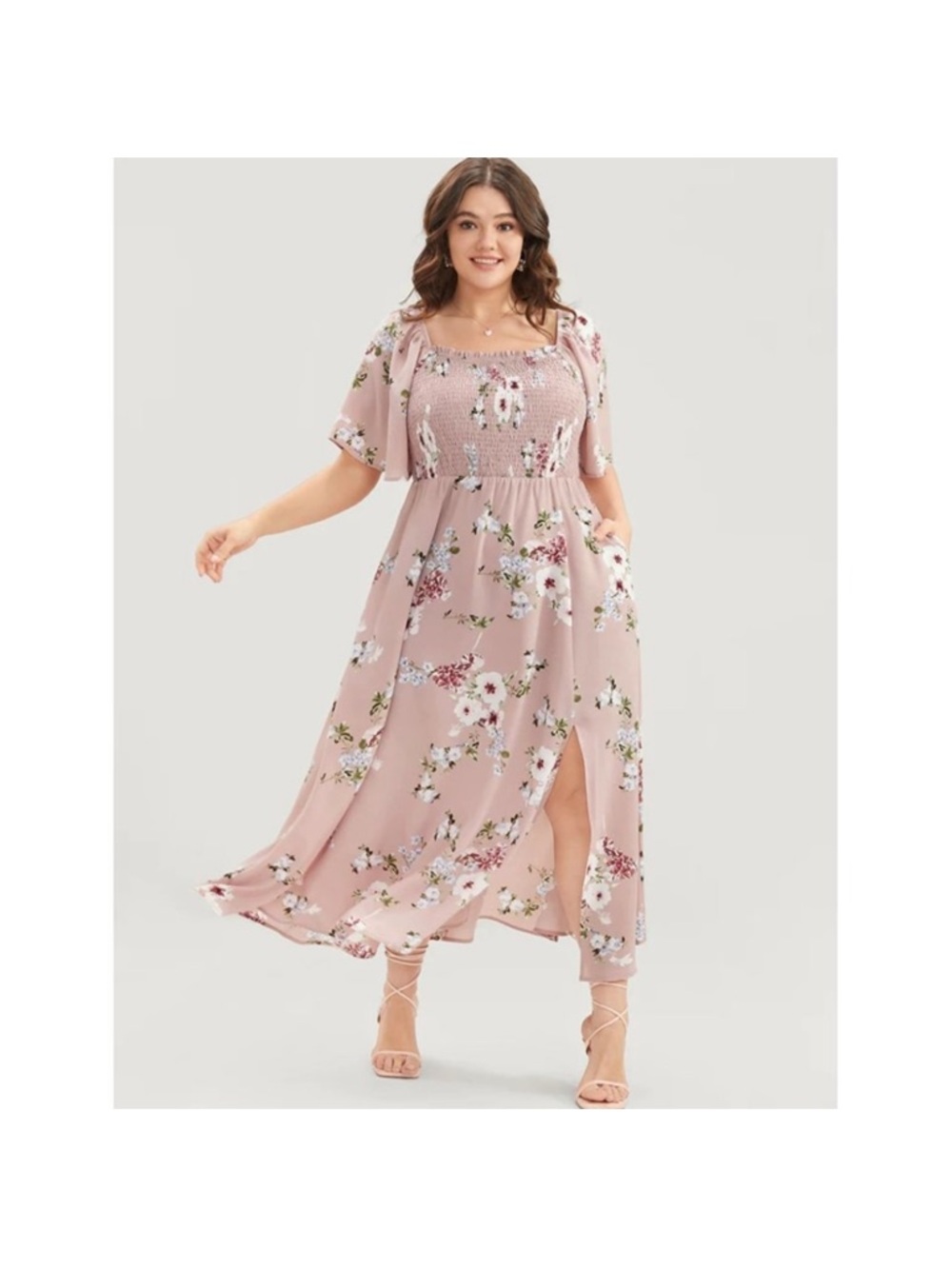 BloomChic Plus Size 30 Dusty Pink Floral Square Neck Pocket Smocked Bodice Dress
